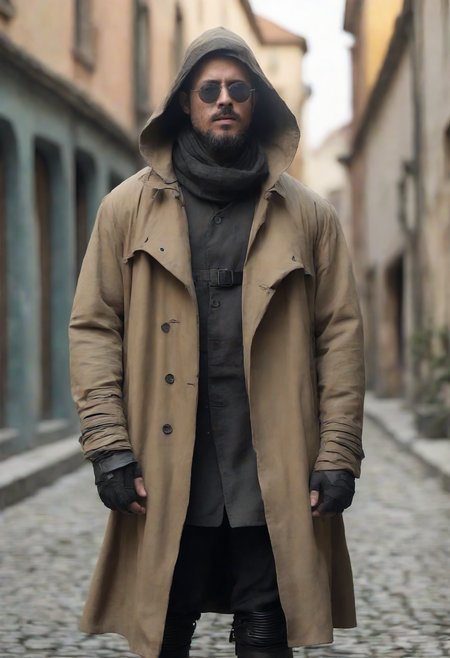 DonM1uth3rXL man,in front of a 3g3Kl0st3rXL portal, hyper-ventilated running tights, dystopian urban pattern cybernetic trench coat,     reactive arm band   <lora:myLora\DonM1uth3rXL-000008><lora:myLora\3g3Kl0st3rXL-000006:0.6>,