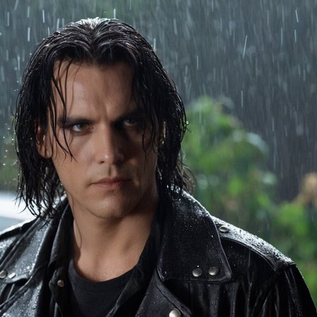 cinematic film still of  <lora:graphic novel style:1.2>
Eric Draven choppy hair a man in a leather jacket standing in the rain In the graphic novel style, shallow depth of field, vignette, highly detailed, high budget, bokeh, cinemascope, moody, epic, gorgeous, film grain, grainy