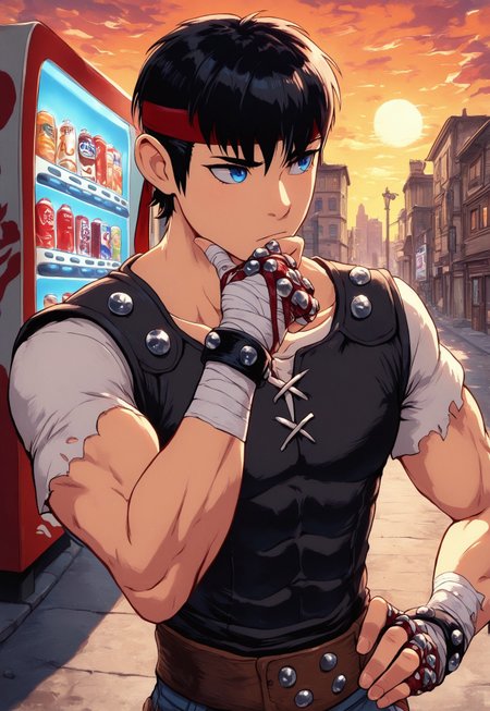 masterpiece, best quality, amazing quality, very aesthetic, absurdres, newest, FMIXF, cestanim, 1boy, male focus, toned male, red headband, short black hair, bangs, blue eyes, cestus, bandaged hands, studded knuckles, studded vest, black vest, torn clothes, white undershirt, denim jeans, sneakers, hand on hip, looking away, outdoors, city, streets, vending machine, thinking, hand on own chin, upper body, sunset, view from the side