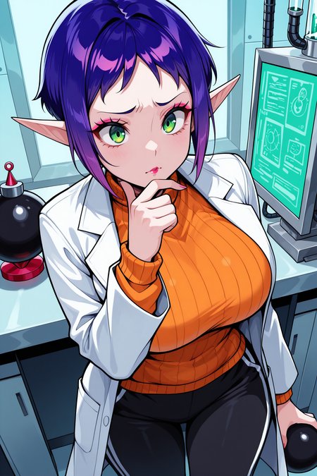 masterpiece, best quality, 1girl, solo <lora:bombchulady-illu-nvwls-v1-000005:1> bclady, pointy ears, purple hair, short hair, pink lipstick, large breasts, green eyes, labcoat, orange sweater, black track pants, holding bomb, , hand on own chin, furrowed brow, laboratory, hand up