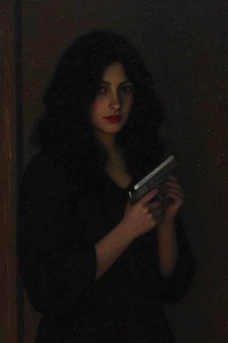 henrimartin1 painting.
a mysterious woman with dark, wavy hair and piercing eyes stands in the shadows of a dimly lit room. She is holding a small revolver with a delicate yet firm grip. Her red lipstick is the only color that stands out in the darkness, her intentions unclear but dangerous. <lora:henrimartin1_cap_d8a4e12:1.0><lora:851863446537386258:0>
