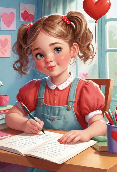 A childrens book illustration of a cute young girl writing a valentinescard for her crush, she is in her room, she has rosy, chubby cheeks, she wears her hair in pigtails, she has a dreamy look in her eyes and is doing her best to decorate the letter,her room looks colorful with lots of books, drawings and stuffed animals, she is smart, curious and creative