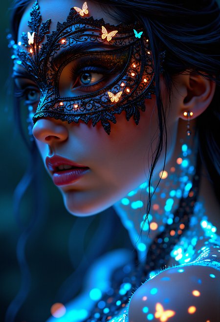 Close-up of a woman's face, focusing on her right side, wearing an ornate, intricate masquerade mask that covers her eyes and upper nose. The mask is detailed with lace-like patterns, embedded with small glowing lights and tiny luminescent butterflies, primarily in blue and orange hues. The mask has an elaborate design that merges seamlessly with her skin, which is illuminated with bioluminescent patterns glowing in shades of blue and orange, covering her neck, shoulders, and chest. Her lips are slightly parted, showing a natural yet deep shade, and her skin has a smooth, porcelain-like texture. Her hair is curly, slightly visible around the mask, and has a soft, silver-blonde color that subtly reflects the glowing lights. The image is highly detailed, with a focus on textures and light, creating a surreal, ethereal atmosphere. The background is dark, making the glowing elements on her face and body stand out, enhancing the mysterious and mystical mood. <lora:flux_vividizer:0.6> <lora:aidmaImageUpgrader-FLUX-V0.1:0.33> detailmaximizer,