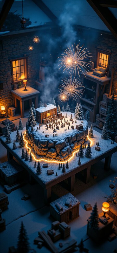 (indoor,very wide isometric view,tilt-shift lens:1.6), (windowless,fna_style,miniature,miniature,diorama,miniature,diorama,PVC,plastic:2),starry night snow,forest,led with fiber lights,fireworks,concert with crowded  at (floating island,levitating  island:1.5) on (table:2) at (attic:2.5)   <lora:Diorama_Flux:1>
<lora:Fantasy_Novel_Art_Style:1>