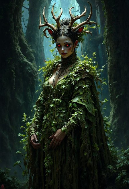 An evocative dark fantasy illustration by Anato Finnstark and Greg Rutkowski. The central figure is a once-elegant forest nymph, now corrupted by sinister forces. She has deer-like attributes, a pale complexion, glowing red eyes, and jagged antlers. Her once-lush attire is now tattered and overgrown with the very greenery that she once represented. The background is dark and foreboding, reflecting the nymph's lost beauty and anger. The overall atmosphere is cinematic and conceptual, immersing the viewer in a world of dark fantasy., cinematic, conceptual art, dark fantasy
