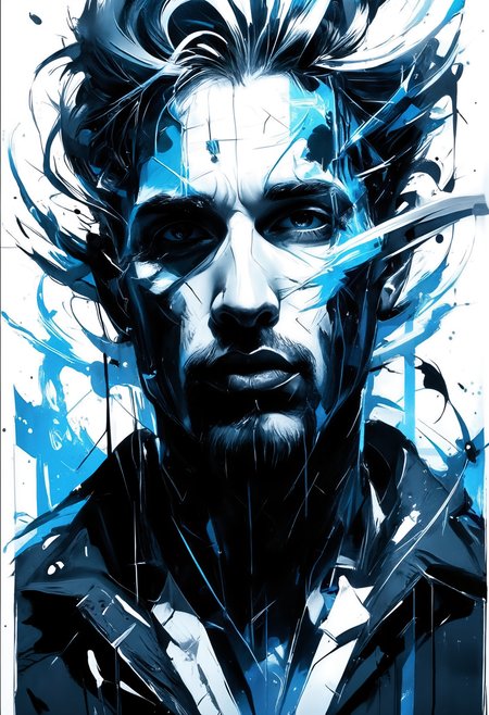Silhouette style with abstract frame around image, face of a man dissolving into cosmic dust, style of Guy Denning, blue, white, black, swirling elements, sharp, extremely detailed, oil stains, unknown, mysterious, surreal, High contrast, minimalistic, black and white, stark, dramatic,