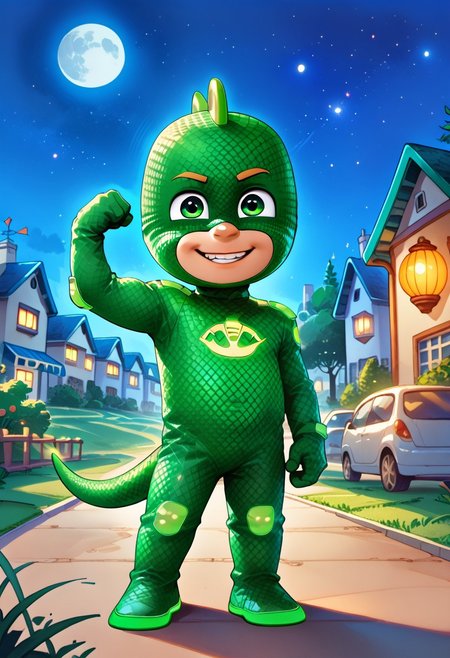DarirStyle
score_9, score_8_up, score_7_up, highly detailed, cute boy, 1boy, solo,Gekko Costume, Green Bodysuit, Green Eyes, Mask, Tail, big smile, flexing, at night, full moon, glowing costume