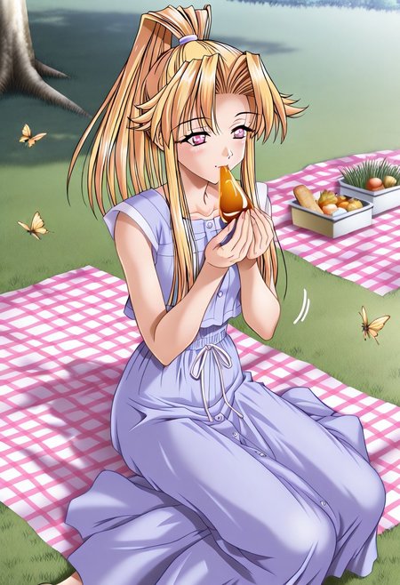masterpiece, best quality, newest, highres, uncensored, 1girl, yokota mamoru style,1girl, slender face，motion lines, ,Kitagawa Junko,Honey Blonde Hair, Ponytail, Waist Length Hair,Amber Eyes,slim,solo,1girl
Picnic, outdoors, eating together, mountains, butterflies, trees, grass, distant views