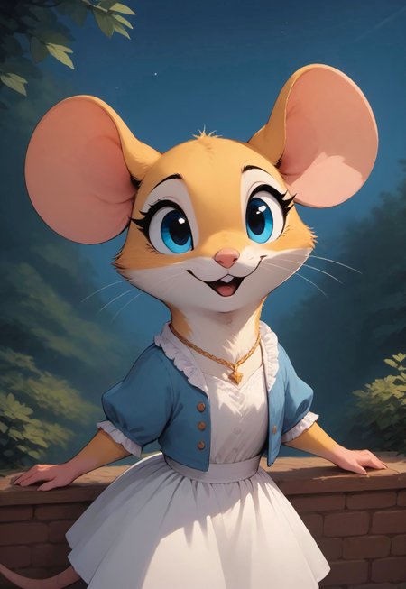 score_9, score_8_up, score_7_up, score_6_up, score_5_up, score_4_up, m0use_goldie, solo, (tail:1.5), (cute:1.5), (feral:1.2), blue frilly jacket, white skirt, balcony, mansion, (dark, night, night sky, upper body shot, head focus, (open mouth:0.7), garden, courtyard, (chibi:0.3), necklace, cheerful,