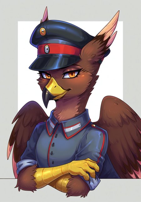 masterpiece, score_9_up, score_8_up, score_7_up, score_6_up, (best quality:1.1), ultra-detailed, high resolution, solo BREAK Anthon Kaufmann, female griffon, feral, avian, brown feathers, orange eyes, yellow beak, black beak tip, sly expression, smirk, looking at viewer, tail, hawk-like, wings BREAK military, peaked cap, military uniform BREAK portrait, (abstract background:1.3), highly visible, sharp focus, anatomically correct