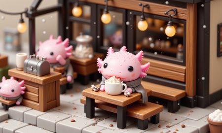 top down tilt shift image of tiny cute anthropomorphized axolotls with pink frilly gills and round black eyes,  high-angle view of a pink axolotl at a tiny coffee shopâs outdoor patio, bundled up in a tiny scarf and sipping from a miniature cup of hot cocoa with whipped cream; its frilly gills perk up as it enjoys the warmth, while snowflakes fall softly around it; the outdoor patio features a small table and string lights overhead, and the tilt-shift effect blurs the snowy background of surrounding trees and buildings, capturing a cozy winter coffee moment in enchanting detail<lora:Axomodel_Flux_V2.safetensors:1.0:1.0> <lora:isometric.safetensors:1:1>