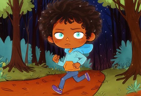 max (camp camp), cartoon theme, max (camp camp), 1boy, solo, human, male focus, curly black hair, curly tousled black hair, afro, dark skin, orange skin, dark-skinned male,  large eyes, round eyes, green eyes,small nose, triangular nose, pointed nose, anoyed face, running,  blue hood, blue pants, small body, young boy, chibi, dark forest, night