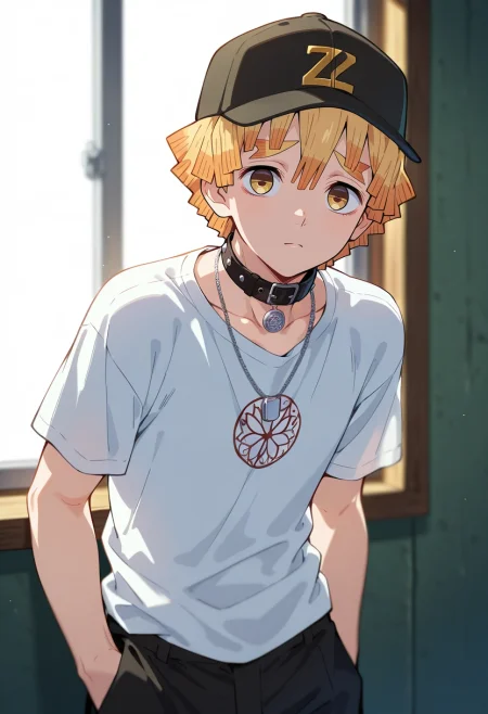 masterpiece, best quality, , , looking at viewer, depth of field, 1boy, solo, male focus, <lora:zenitsu_agatsuma_ilxl:0.92>, zenitsu_agatsuma, blonde hair, yellow eyes, short hair, bangs, , Work pants, T-shirt, , Baseball cap, Collar necklace with intricate beading or embroidery and