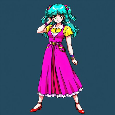 <lora:moto-girl-IL_v1:0.7>moto-girl, 1girl, 1980s(style), bangs, solo, green eyes, green heir, aqua hair, long hairt, two side up, belt, blunt bangs, looking at viewer, retro artstyle, BREAK
bow, BREAK
wristband, BREAK
medium breasts, BREAK
clothes, BREAK
hair ornament, BREAK
long skirt, wide skirt, BREAK
smile,
full body, standing,
beatuiful face, best quality,
no background,