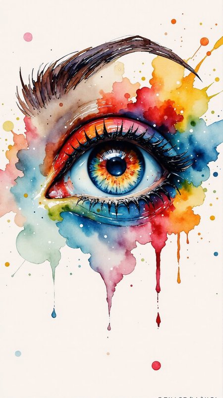 Jedwtclr, watercolor art, a close up of an eye with rainbow makeup ,  <lora:FluxWatercolor:1>
