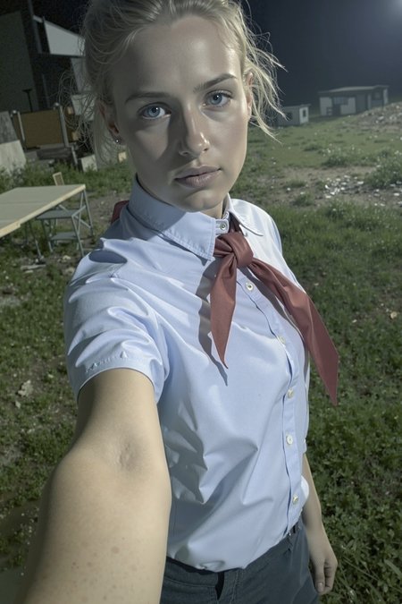 (masterpiece, best quality, high-res, 4k textures, ultra detailed:1.25),  
Low-angle amateurish full-body selfie of a young girl, 18yo, cute, Russian, blue eyes, messy blonde hairstyle, natural complexion, soft-pale ageless skin, school uniform - pionyr's deep light blue shirt with red neckerchief and short navy-blue skirt,
abandoned soviet pioneer camp at night, 
low lighting, underexposed, eerie atmosphere, smeared