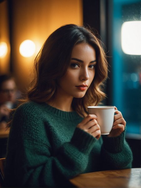 A dynamic cinematic photograph of Brett_Bowles_P_MXAI_SDXL , wearing a cozy sweater, sitting in a cafe, holding a cup of steaming tea, flirty expression,, SK_CINEMATIC, ziprealism