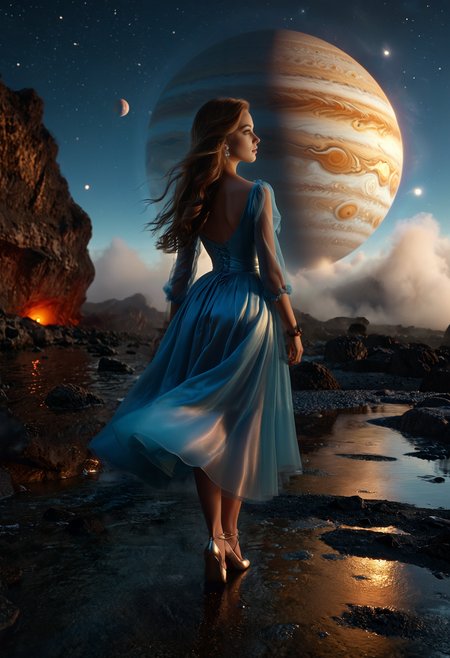 cinematic film still a woman in a blue dress standing on a beach next to a giant planet with a star in the sky, David Martin, fantasy artwork, a detailed matte painting, fantasy art . shallow depth of field, vignette, highly detailed, high budget, bokeh, cinemascope, moody, epic, gorgeous, film grain, grainy
