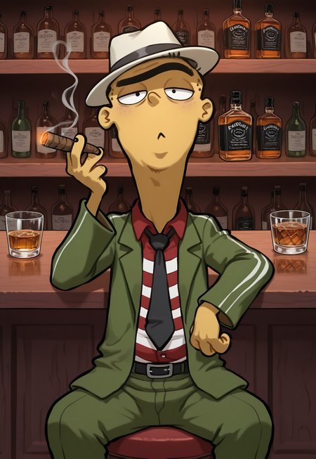 Masterpiece, highest quality, highres, 8k, newest, source_cartoon, IllusP0s, solo, edboi, mnbrow, unibrow, fedora, green three piece suit, red and white striped button up shirt, black tie, sitting, smoking cigar, glass of whiskey, bar background, detailed background,
