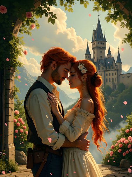 A romantic outdoor scene set against the backdrop of a grand castle with towering spires, surrounded by lush landscapes and floating petals. A man and a woman embrace tenderly, their heads touching as they share an intimate moment. The woman, with long, flowing red hair, wears a beautifully detailed dress with long raglan sleeves, adorned with delicate white and pink flowers. A hair ornament with a soft pink flower rests gently in her locks, complementing her gentle blush as she smiles with her eyes closed. The man, with vibrant orange hair, holds her close in a warm embrace. His expression is full of love and affection as he leans in, their foreheads almost touching. A soft breeze carries rose petals through the air, adding to the dreamlike atmosphere. Clouds drift lazily across the sky, casting a golden glow over the landscape, while the castle’s architecture stands proudly in the distance, its towering structure blending harmoniously with the natural surroundings. The scenery is rich with detail—flowering vines climb the stone walls of the castle, and a tranquil garden filled with roses and other blossoms stretches into the background. The couple stands on an old stone pathway, their connection deepened by the serene, magical ambiance of their surroundings. aidmaimageupgrader, aidmaMJ6.1m, detailmaximizer, mythp0rt, ne0nfant4sy, drkfnts, hkmagic, vantablack <lora:aidmaImageUpgrader-FLUX-V0.2:0.8> <lora:aidmaMJ6.1_aidmaMJ6.1-FLUX-v0.4:0.8> <lora:v1v1dr34m:0.7> <lora:aesthetic2-cdo-0.5:0.72> <lora:Luminous_Shadowscape-000016:0.72>