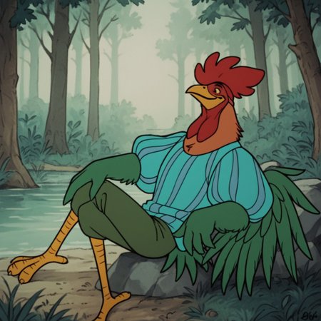score_9, score_8_up, score_7_up, score_6_up, score_5_up, score_4_up, source_furry, Alan-A-DaleRH, semi-anthro, male, rooster, bird, feathers, green winged arms,striped shirt, puffy sleeves, green pants,, green tail, brown body, outside, lying, on a rock, in a forest, solo, 1boy,  red hair