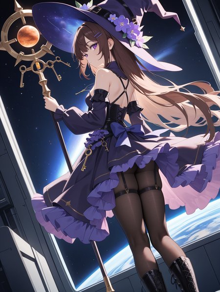 1girl, HSR_DHT,, expressionless, ennui, looking back, purple eyes, very long hair, brown hair, detached collar, purple headwear, lace trim, showgirl skirt, waist ribbon, pantyhose, large witch hat, flower ornament, hairclip, layered clothes, bare shoulders, key necklace, laced boots, detached sleeves, too many frills, garter straps, fine fabric emphasis, near window, looking back, head tilt, sideways glance, newest, impressionism, soft focus, light and shadow play, vibrantreflection, cinematic lighting, double exposure, dutch angle, from side, science fiction, space, universe, indoors, dark room, window, huge watery planet, zero gravity, holding staff, huge staff, usnr 
,masterpiece,best quality,newest,