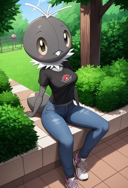 (source_anime, source_furry, score_9:1), (score_8_up, score_7_up:1), rating_explicit, BREAK solo,  mouth, ,smile, , tee-shirt,medium breasts,(,female,jeans,shoes, garden,tree,house,,Pokemon (creature), , hips slim legs,cute,cute face, ,,anthro,Scatterbug