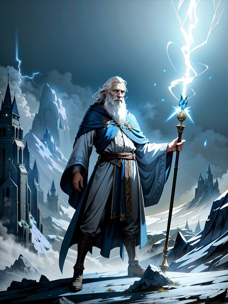 full body of (one) brittish old man, a wizard casting a (blue lightning bolt spell) from his hands, from the top of a mountain, (at night), wearing white wizard (robes), long white beard, long white hair, dramatic pose,
detailed, intricate, (detailed fantasy background), dim lighting, volumetric lighting,
fantasy art style, best quality, hi-res, masterpiece, good anatomy, good composition, good proportions, good design, good pose, realistic background, realistic sky, cinematic, cinematic camera angle, dark fantasy illustration, detailed, intricate, (perfect lighting, perfect shading), subsurface scattering, photorealistic, solo, oil painting style, (mature adult:1.5),
<lora:add_detail:0.15> <lora:fantasyV1.1:0.25> <lora:muscle_slider_v1:-1.5>