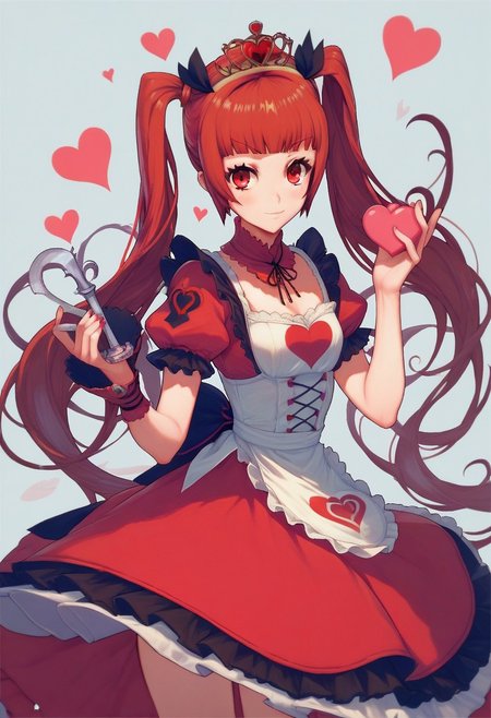 score_9, score_8_up, score_7_up, 1girl, A young woman, alice in wonderland style, ami_arakawa as the red queen,twintails,cute,queen of hearts,evil queen from alice in wonderland