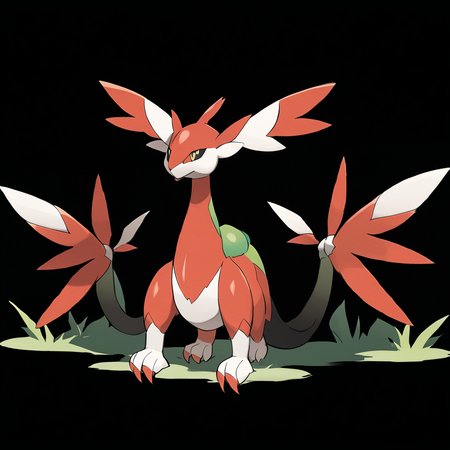 <lora:pokemon_pony_xl:1>, watercolor creature art like pokemon, Type: Dragon, Type: Fighting, Egg Group: Not obtainable, is a pokemon creature that The sound of its heartbeat is a gentle drum, a rhythm that pulses with the life of the forest,The creature's gaze holds the depth of the universe, a window to the mysteries beyond the known,It has a tail that splits into several ends, each capable of precise and independent movement, like separate entities,It has a Red membrane between its fingers and toes, aiding in swimming and making it an adept Electric hunter.,It can fold its Yellow ears to cover its eyes protecting them from Grass storms score_9, score_8_up, score_7_up, score_6_up, score_5_up, score_4_up.  Simple black background, (Masterpiece:1.3) (best quality:1.2) (high quality:1.1)
