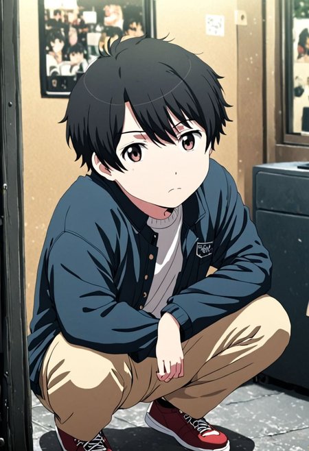 high resolution, solo, best quality, 1Boy, Inaho Kaizuka, Black Hair, lofi, candid, squat, depth of field, photo model, looking at viewer, OverallDetail