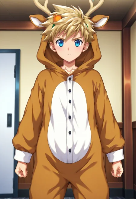 masterpiece, best quality, , anime screencap, , official style, , , 1boy, solo, male focus, <lora:connor_bleufin_ilxl:1>, connor_bleufin, blonde hair, blue eyes, short hair, spiked hair, , , , deer costume