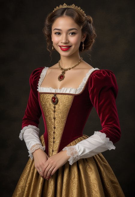 (medium full shot) of (dignified young woman from the tudor era), philippine, light skin, brown eyes, slim build, medium hazel curly down hair, wearing a rich gold casual dress with elegant details, ankle boots with buckles, rosy red lips, decorative brooch, velvet gloves,  set in the tudor era, in  , woman smiling, Masterpiece,best quality, photo, realistic, very aesthetic, detailed face,