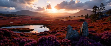 Aerial twilight over a sweeping highland moor, vast peat bogs catching golden-crimson light in their dark pools. Scottish heather blooms in rich purples against amber-bathed terrain, while distant mountains wear shrouds of indigo shadow. Crepuscular rays pierce scattered cloudbanks, creating dynamic light corridors across the rugged landscape. Ancient standing stones cast long shadows, their weathered surfaces glowing with warm ochre tones. Wisps of evening mist curl between gnarled Scots pines at the periphery. Atmospheric perspective creates layered depth, each ridge fading through spectrum of ultramarine to lilac. Painterly textures with visible brushwork reminiscent of classical romantic landscape tradition. Dramatic chiaroscuro, hyper-detailed foliage, photo-realistic light scattering, 8K resolution, golden hour illumination, atmospheric volumetrics, moody grandeur. <lora:Illustration concept Variant 3A:0.7> <lora:Bruce Holwerda:0.3> <lora:flux_dev:1>