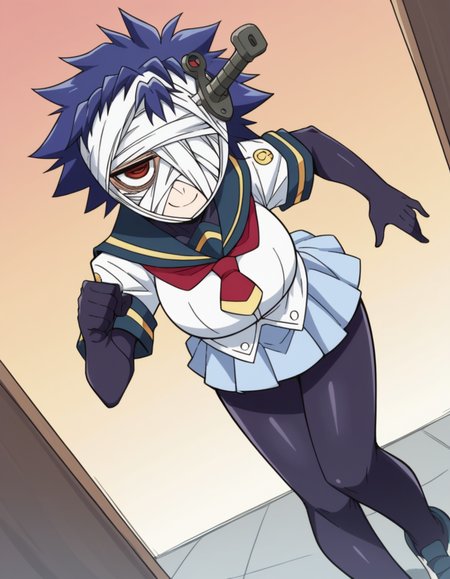 score_9, score_8_up, score_7_up, source_anime, <lora:youka-naze-s2-ponyxl-lora-nochekaiser:1>, youka naze, short hair, large breasts, red eyes, blue hair, bandages, bandage over one eye, skirt, school uniform, pantyhose, serafuku,, suburban neighborhood, morning jog, earphones, running shoes, fresh air, sunrise, smile, bent over, smug,, looking at viewer, solo,, dutch angle, cowboy shot