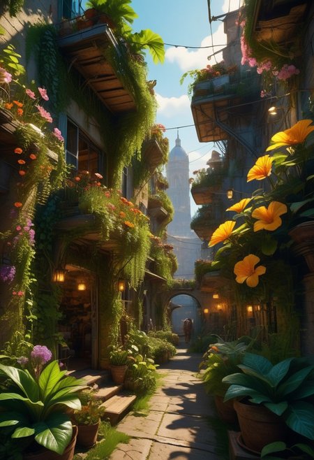 verdant utopia with lush green rooftops and solar panels, citizens living harmoniously with nature, streets filled with sustainable markets and eco-friendly transportation, towering structures covered in vertical gardens, air filled with the scent of fresh flowers and greenery, distant sounds of birdsong and gentle wind chimes, use of 'photorealistic', '8k', 'hyper-detailed', 'solarpunk', 'ambient lighting' for a natural glow, 'depth of field' for immersive effect, 'HDR' for realistic lighting effects
