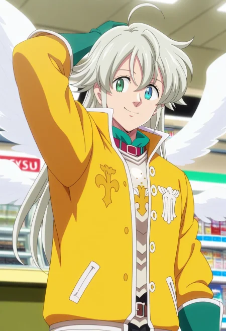 masterpiece, best quality, , anime screencap, anime coloring, ,, 1boy, solo, male focus, <lora:tristan_liones_ilxl:0.9>, tristan_liones, grey hair, green eyes, long hair, ahoge, yellow jacket, armor, green gloves, heterochromia, blue eyes, white wings, focused, store, convenience store, indoors, light, arm up, smile,