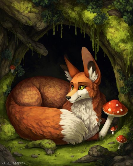 <lora:ck-LttleGhost-000011.safetensors:1> in the style of ck-lttlegh0stA majestic red fox reclines in a moss-covered cave entrance surrounded by lush greenery and fantastical mushrooms. The artist's meticulous brushstrokes capture the softness of its fur and its contemplative expression. The atmosphere is heavy with earthy scents and an otherworldly energy.