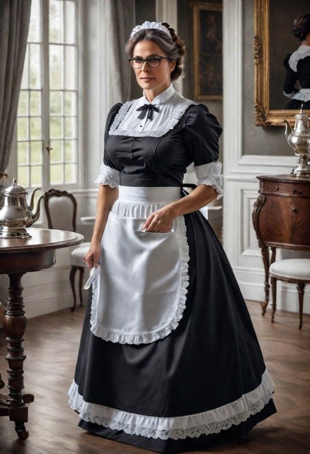 full body shot of a beautiful 45 year old woman, medium length brown hair streaked with gray, gray eyes, glasses, square face, rounded cheeks, hourglass figure, slightly overweight, victorian maid, standing in a victorian parlor, serving tea