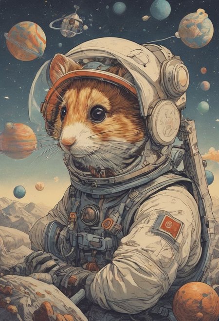 Hamster in astronaut gear, floating in a tiny cardboard spaceship, stars and planets drawn on the wall 
(masterpiece, award winning artwork)
many details, extreme detailed, full of details,
Wide range of colors, high Dynamic
 <lora:xl_more_art-full_v1:0.65> 
 <lora:InkArtXL_1.2:0.8> ink art, line art 
<lora:EldritchMixIllustration_1.0:0.25>
 <lora:xray:0.21>