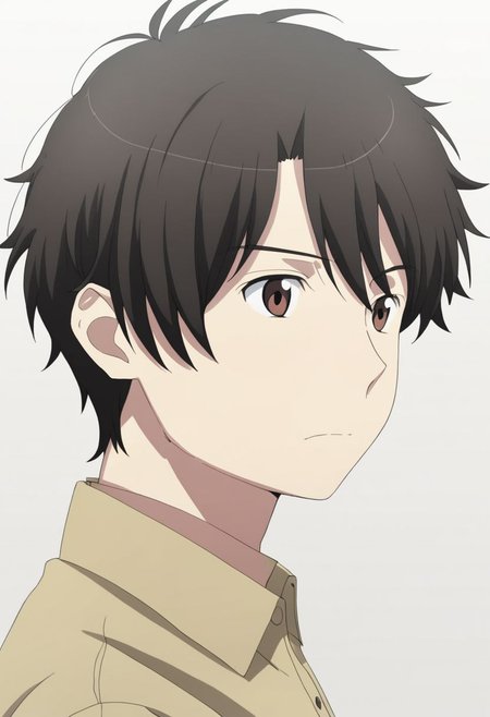 high resolution, solo, best quality, 1Boy, Inaho Kaizuka, Black Hair, Brown Eyes, potrait, dark shirt, looking at viewer, focused gaze forward, simple background, straight body, upper body, head upright, neutral expresion, OverallDetail
