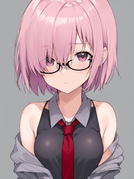 <lora:maxiu:1>,1girl, mash kyrielight, solo, necktie, glasses, breasts, looking at viewer, jacket, red necktie, simple background, grey background, sleeveless, grey jacket, upper body, off shoulder, bare shoulders, closed mouth, medium breasts, black dress, bangs, black-framed eyewear, dress