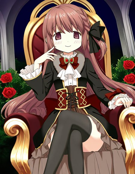 masterpiece, best quality, newest, absurdres, highres, safe, 1girl, satomi touka, magia record: mahou shoujo madoka magica gaiden, smile, looking at viewer, sitting, crossed legs, throne, looking down, from bottom, solo, garden, red rose, night, dutch angle, <lora:satomi_touka_noobaiXLNAIXL_vPred10Version:0.7>