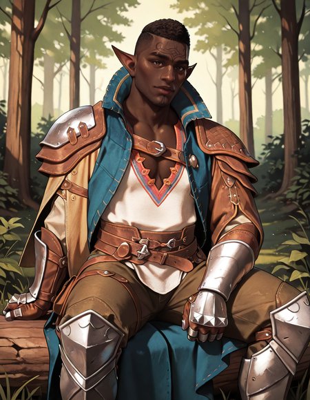 masterpiece, best quality, absurdres, newest, perfect quality, best quality, absolutely eye-catching, detailed background, intricate details, realistic, male focus, <lora:Dragon Age Veilguard - Davrin - Illustrious-000009:0.7>,  dav_davrin, 1boy, mature male, elf, pointy ears, very dark skin, curly hair, buzz cut, dark brown eyes, facial tattoo, white shirt, v-neck, pants, coat, side cape, gauntlets, single pauldron, armored boots, contrapposto, looking at viewer, outdoors, forest, sitting on log