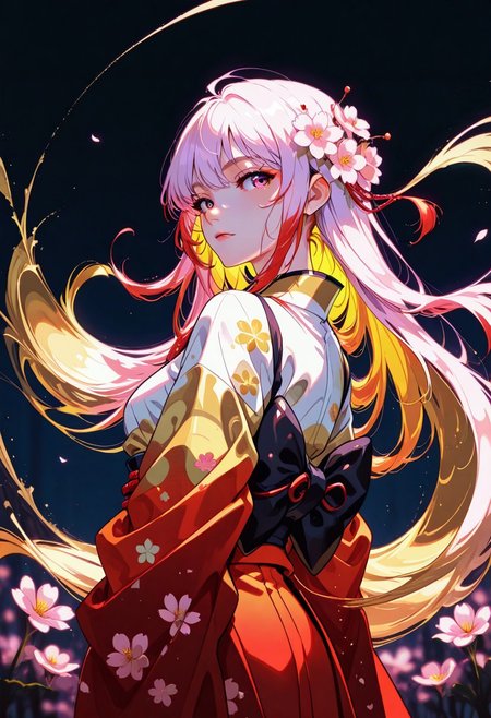 ckym, in the style of ckym, masterpiece, best quality, good quality, very aesthetic, absurdres, newest, 8K, depth of field, focused subject, artist:moriimee, BREAK  intricate linework with expressive contrasts, soft lighting with dynamic highlights, image of a Japanese woman in a silk red and gold kimono, long bioluminescent hair, flowing hair, bangs, sakura flower in her hair, standing on a wooded trail, turning her head to look back at the viewer