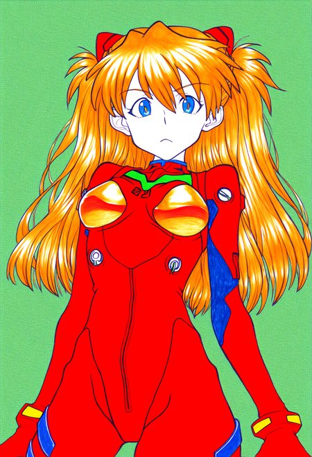 high quality, newest, hires, reduced color pallete, marker \(medium\), 1girl, solo, souryuu asuka langley, blue eyes, looking at viewer,