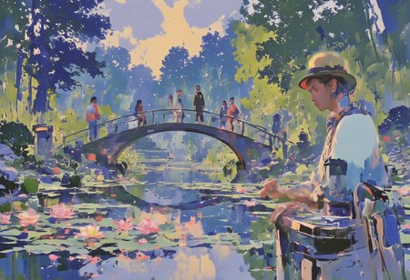 Claude Monet, the renowned Impressionist artist, standing stoically in his Giverny garden in 1914. His eyes are steely with determination as the distant rumble of artillery pierces the tranquil air. He is surrounded by a riot of colorful flowers: vibrant lilies float atop the pond's serene surface, their reflections shimmering under the soft light of a setting sun, while a canopy of green willows arch gracefully over the water's edge. The iconic Japanese bridge stretches across the water, connecting the lush banks. The painter himself is in the foreground, dressed in his signature straw hat and blue smock, palette in hand, brushes resting against a wooden easel that holds a canvas partially obscured by his body. The colors on the palette mirror the hues of the garden, suggesting his deep connection to the natural world. Despite the looming shadow of war, the vividness of Monet's surroundings stands as a testament to his unyielding resolve to continue his artistic endeavors amidst the chaos. The scene is suffused with a poignant silence, a stark contrast to the cacophony of battle that echoes in the distance, serving as a symbol of beauty's steadfastness in the face of destruction. The composition is framed by the darkened sky, hinting at the impending nightfall that metaphorically reflects the tumultuous times, yet it is pierced by a sliver of golden light, a beacon of hope that persists over the horizon of his beloved sanctuary.