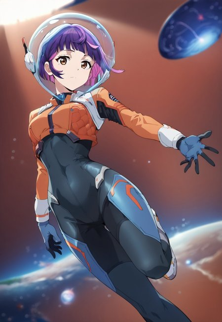 score_9, score_8_up, score_7_up, score_6_up, 8k, highest quality, high detail, masterpiece, best quality, beautiful lighting, (highest quality), source_anime, (anime screencap, animification, cel shading: 1.3), (best shadow), intricate details, (1girl, junoSDXL,1girl,short hair,gloves,pink hair,purple hair,brown eyes,blunt bangs,bodysuit,skin tight,gloves,helmet,spacesuit,space helmet), 
hovering, floating, looking at viewer, space, dynamic angle, dutch angle, depth of field, looking at viewer