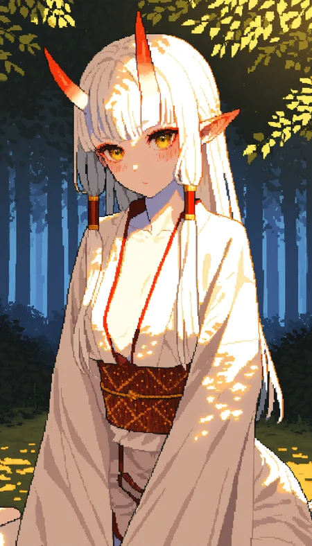 pixel art, by [diyokama|say hana|yoneyama mai|timbougami|lam],
1girl, oni horns, long hair, pale skin, pointy ears, kuudere, white kimono, white hair, looking at viewer, yellow eyes, outdoors, scenery, forest, tree shade, upper body, obi, hair tubes, gold trim, blush, long sleeves, sleeves past wrists, wariza, open kimono, collarbone,
masterpiece, best quality, very awa, absurdres
<lora:noobai_epred_11_artists_v11:1>
<lora:noobai_epred_11_pixel_art_v1:1>