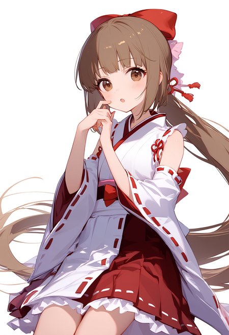 1girl,
yorita yoshino,


blush, sleeveless kimono, sleeveless, hair bow, simple background, skirt, bow, white background, open mouth, hand on own cheek, brown eyes, wide sleeves, very long hair, frills, ribbon-trimmed sleeves, ribbon trim, solo, japanese clothes, brown hair, white kimono, hakama, hand on own face, bare shoulders, hakama skirt, detached sleeves, long hair, kimono, looking at viewer, :o, frilled skirt, red bow, long sleeves, red skirt, ponytail, feet out of frame, hands up, miko,

sfw
<lora:a31_char_new_yorita_yoshino-000016:1> <lora:a31_style_koni-000010:0.8>